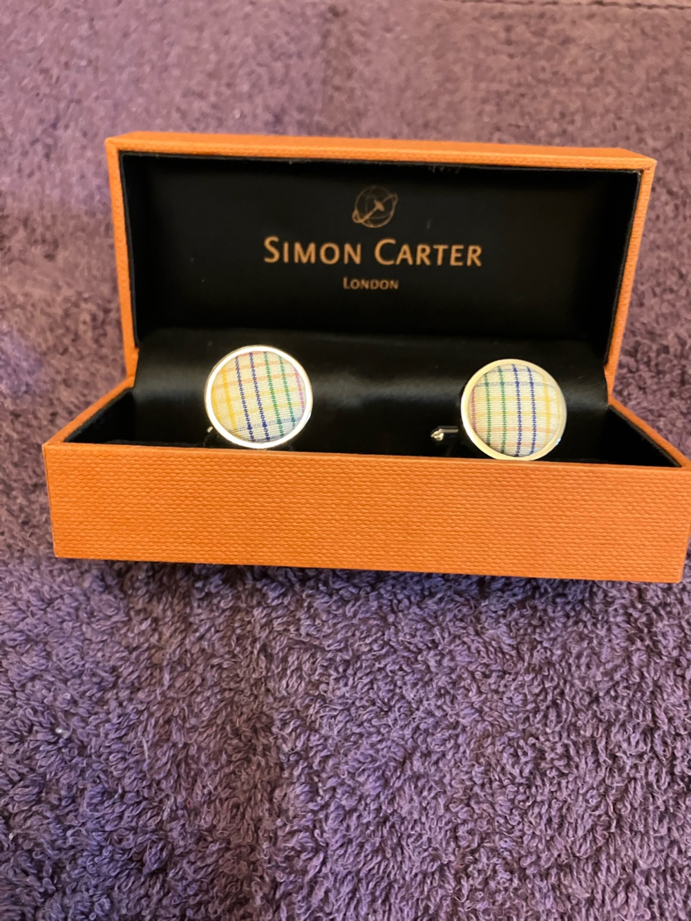 Simon Carter Multicolor Plaid Round Cufflinks - Silver Trim